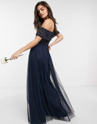 navy bardot bridesmaid dress