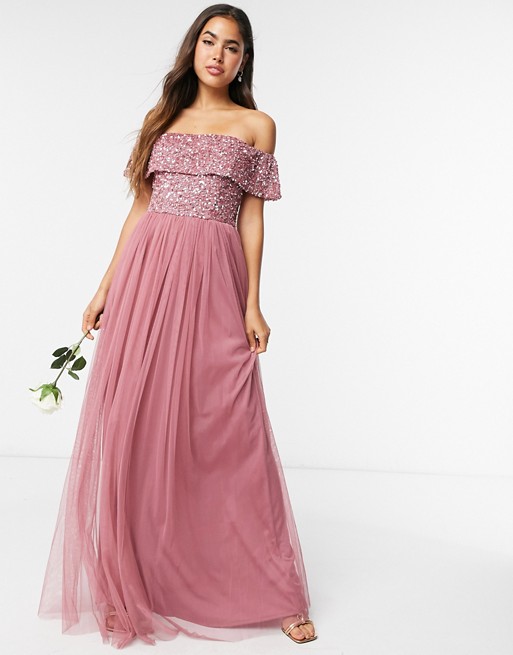 Maya Bridesmaid bardot maxi tulle dress with tonal delicate sequins in rose
