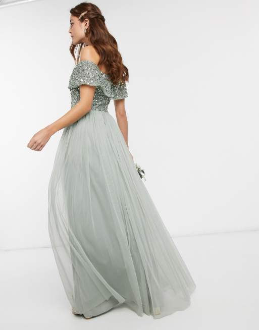 Maya Bridesmaid bardot maxi tulle dress with tonal delicate sequins in sage green ASOS