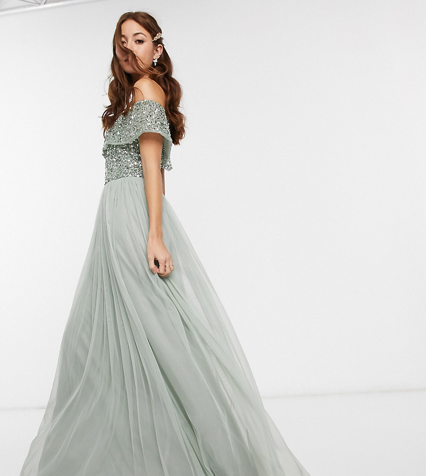 Product photo of Maya bridesmaid bardot maxi tulle dress with tonal delicate sequins in sage green