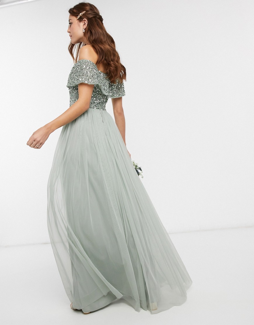 Alternative product photo of Maya bridesmaid bardot maxi tulle dress with tonal delicate sequins in sage green