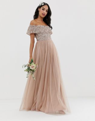 MAYA BRIDESMAID BARDOT MAXI TULLE DRESS WITH TONAL DELICATE SEQUINS IN TAUPE BLUSH-BROWN,AZBR67