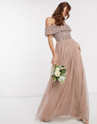 Maya Bridesmaid bardot maxi tulle dress with tonal delicate sequins in taupe blush - ASOS Price Checker