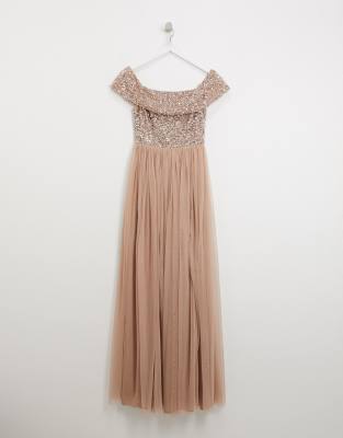maya bridesmaid long sleeve maxi tulle dress with tonal delicate sequins in taupe blush
