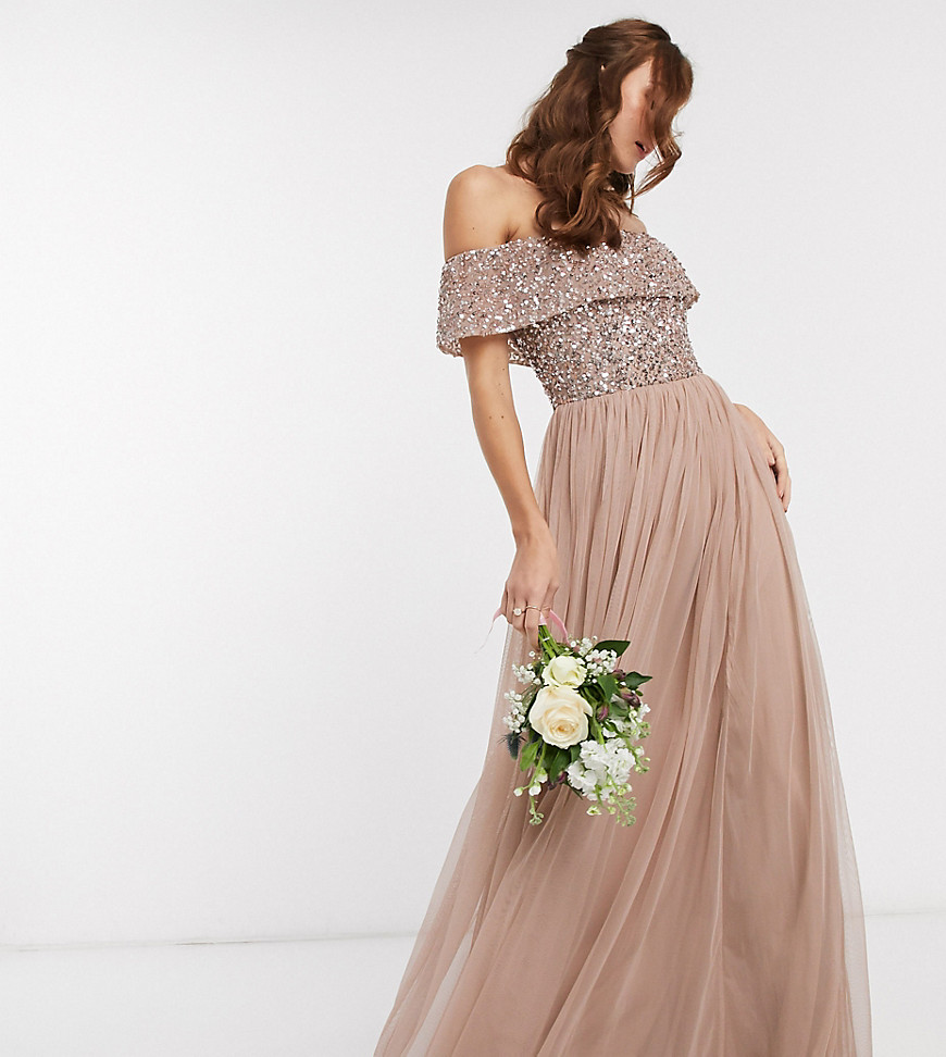 Product photo of Maya bridesmaid bardot maxi tulle dress with tonal delicate sequins in taupe blushbrown