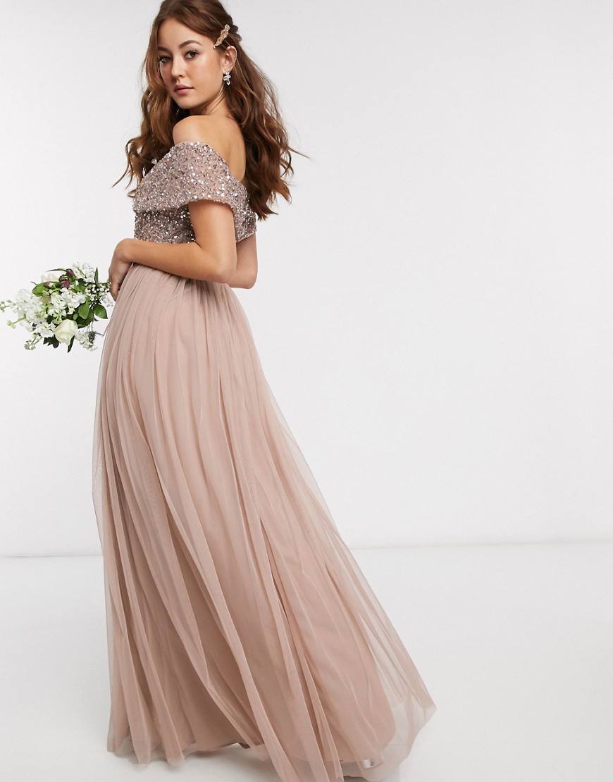 Alternative product photo of Maya bridesmaid bardot maxi tulle dress with tonal delicate sequins in taupe blush - brown