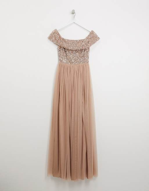 Maya bridesmaid bardot maxi tulle dress with tonal delicate sequins 2025 in taupe blush