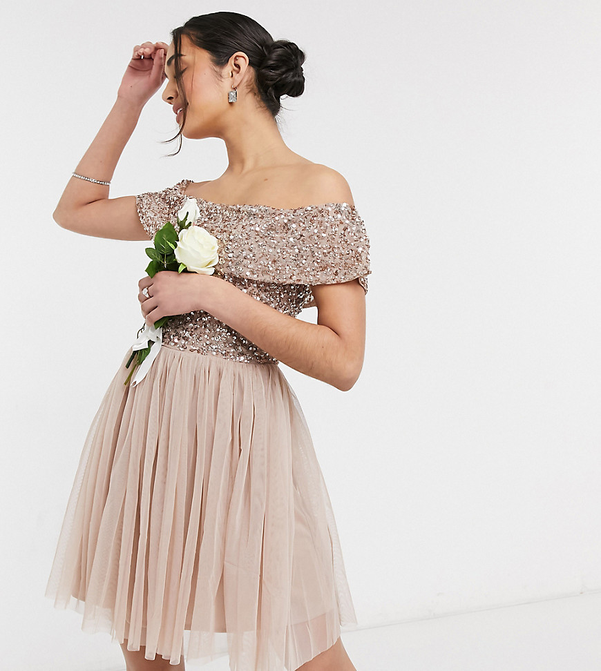 Maya Bridesmaid bardot mini tulle dress with tonal delicate sequin in taupe blush-Pink