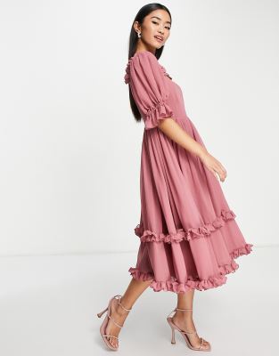 maya -  – Bridesmaid – Brautjungfernkleid in Wüsten-Rosé mit eckigem Ausschnitt und Puffärmeln-Rosa