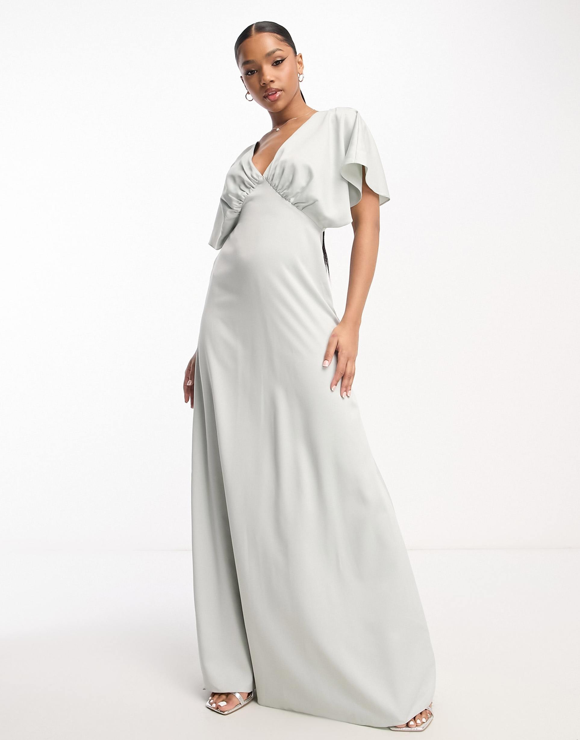 maya bridesmaid cape sleeve satin maxi dress in pale gray