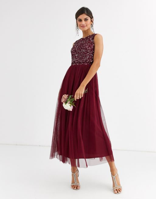 Maya Bridesmaid delicate sequin 2 in 1 midaxi dress in wine