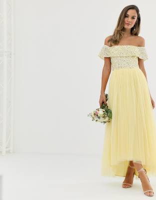 Maya Bridesmaid delicate sequin bardot high low maxi dress in lemon-Yellow