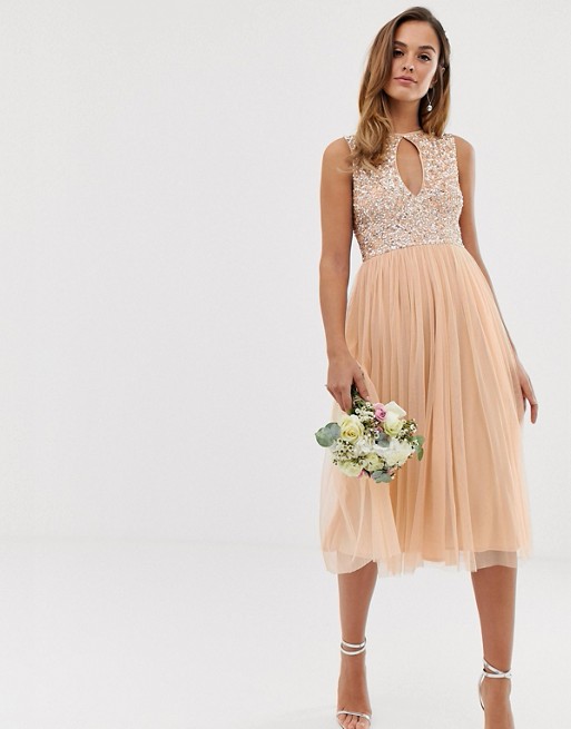 Maya Bridesmaid delicate sequin midi skater dress with keyhole detail in soft peach