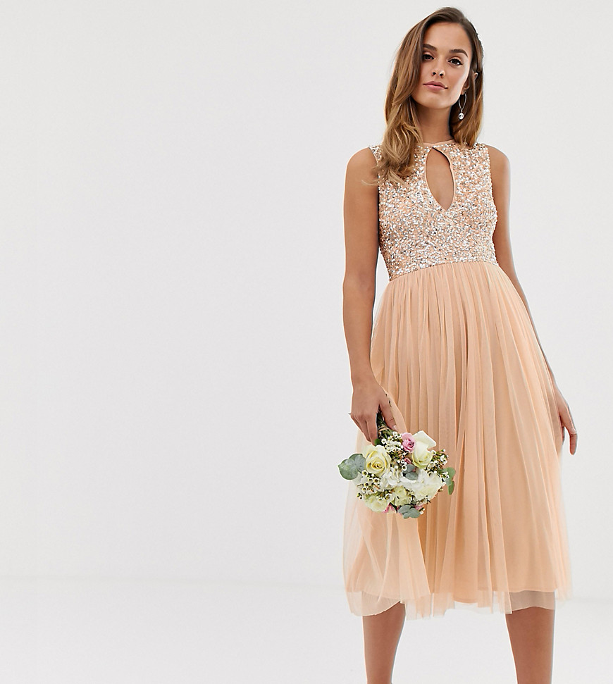 Maya Bridesmaid delicate sequin midi skater dress with keyhole detail in soft peach-Pink