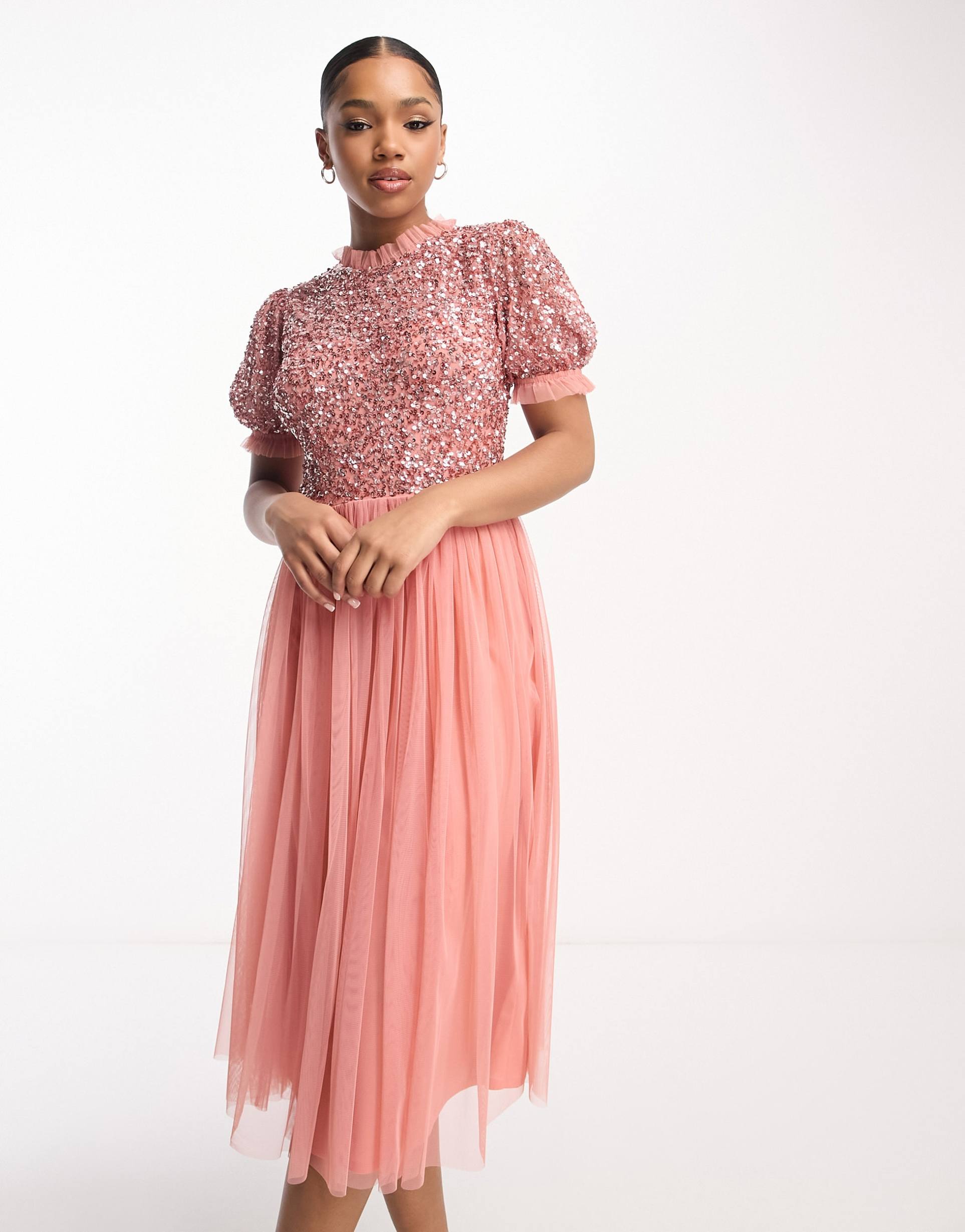 maya bridesmaid delicate sequin puff sleeve midi dress in terracotta pink