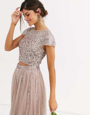 Maya Bridesmaid delicate sequin top co ord in taupe blush-Brown