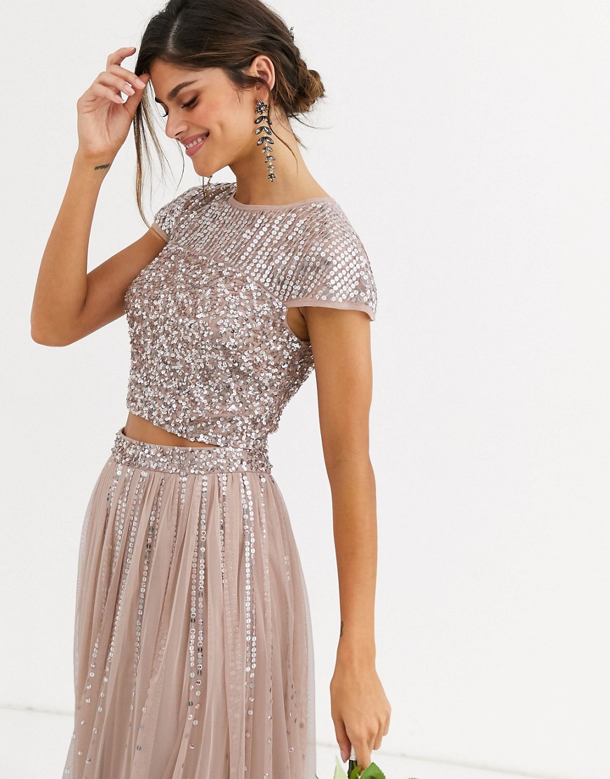 Maya Bridesmaid delicate sequin top co ord in taupe blush-Brown