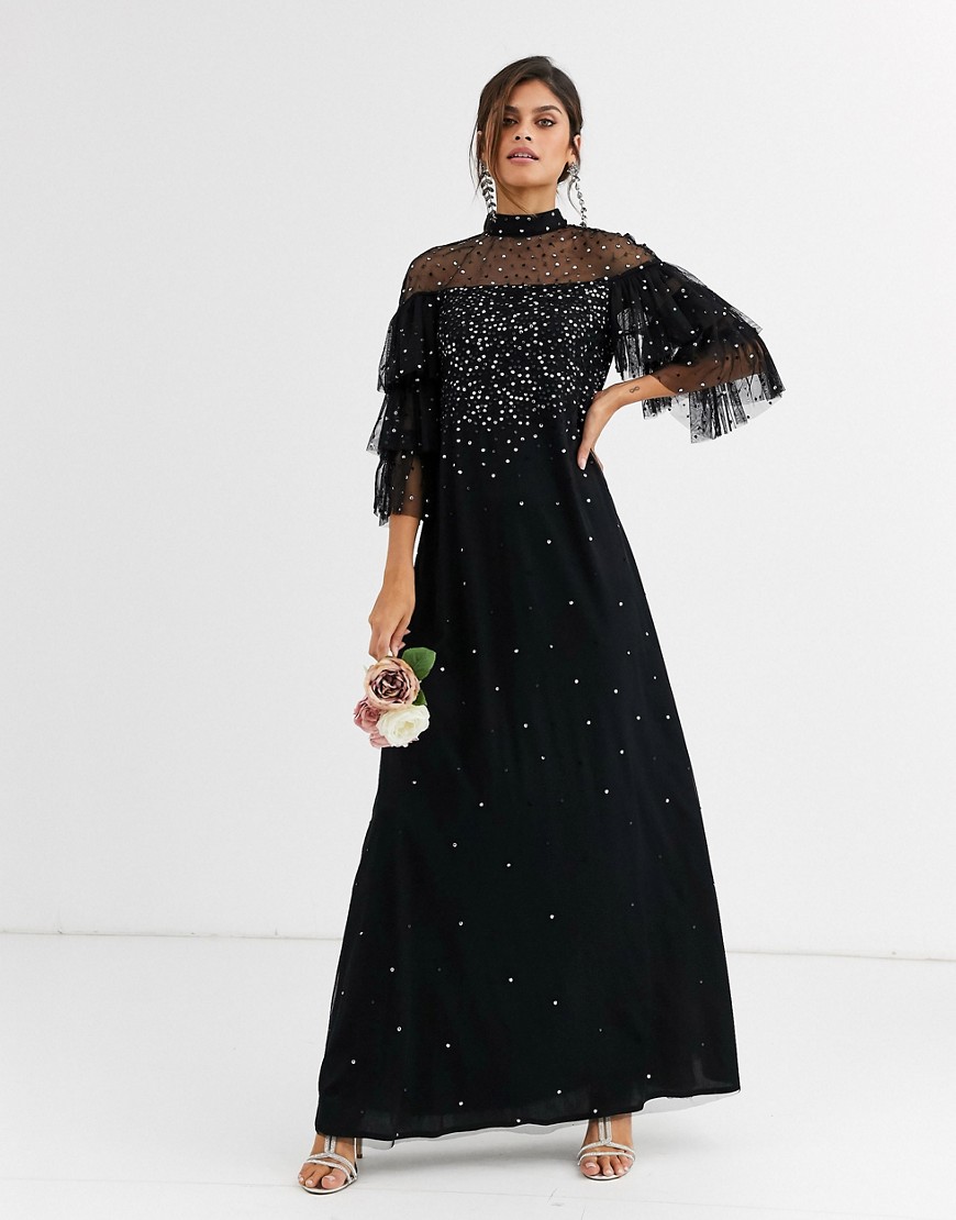 Maya Bridesmaid delicate sequin tulle maxi dress in black