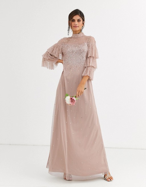 Maya Bridesmaid delicate sequin tulle maxi dress in taupe blush