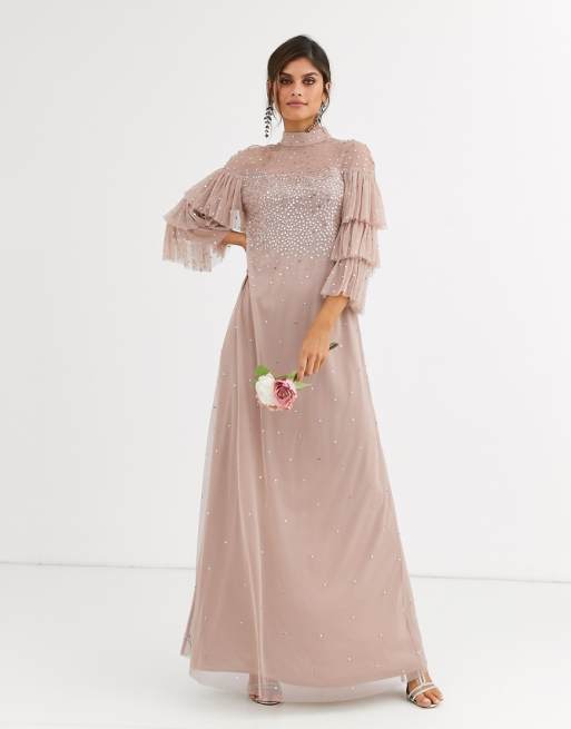 Maya Bridesmaid delicate sequin tulle maxi dress in taupe Maya Bridesmaid delicate sequin tulle maxi dress in taupe
