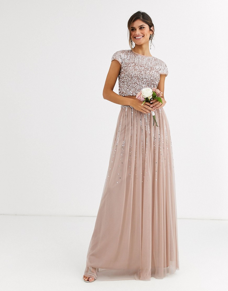 Maya Bridesmaid delicate sequin tulle skirt co ord in taupe-Brown