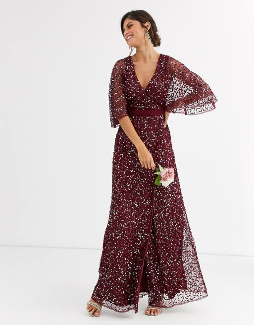 Maya Bridesmaid delicate sequin wrap maxi dress in wine