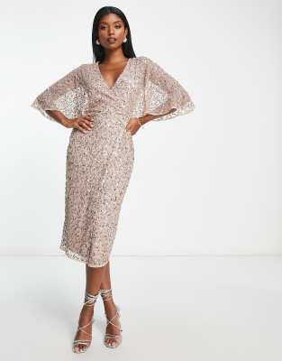 Maya Bridesmaid delicate sequin wrap midi dress in muted blush - ASOS Price Checker