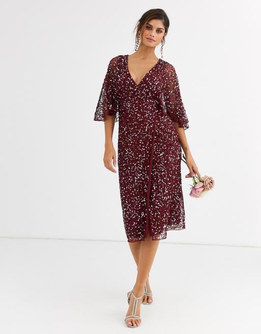 Maya Bridesmaid delicate sequin wrap midi dress wine