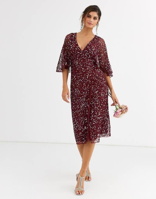 Maya Bridesmaid  delicate sequin wrap midi dress  wine  ASOS 