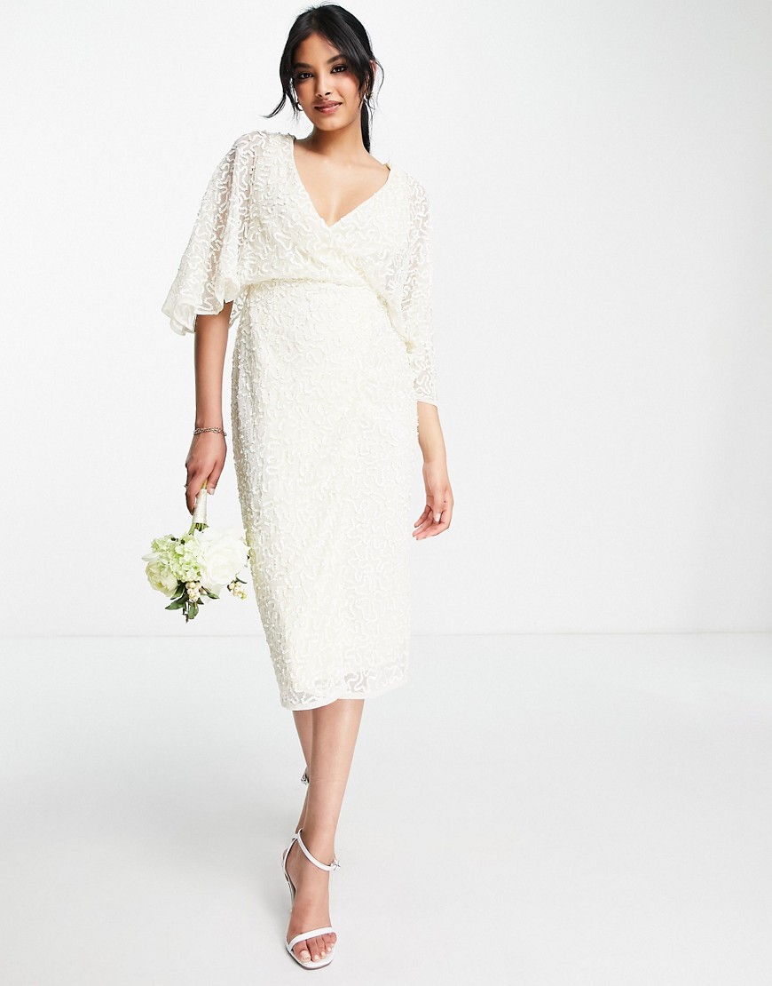Maya Delicate Sequin Wrap Midi Pencil Dress In Ecru-white | ModeSens