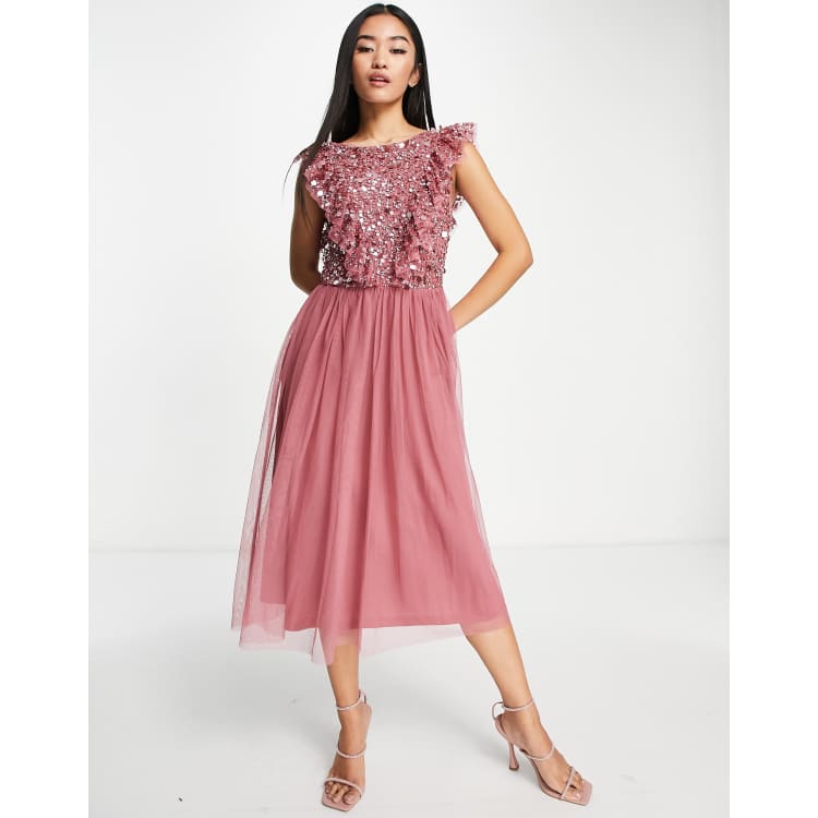 Asos design embellished open store back tulle midi dress