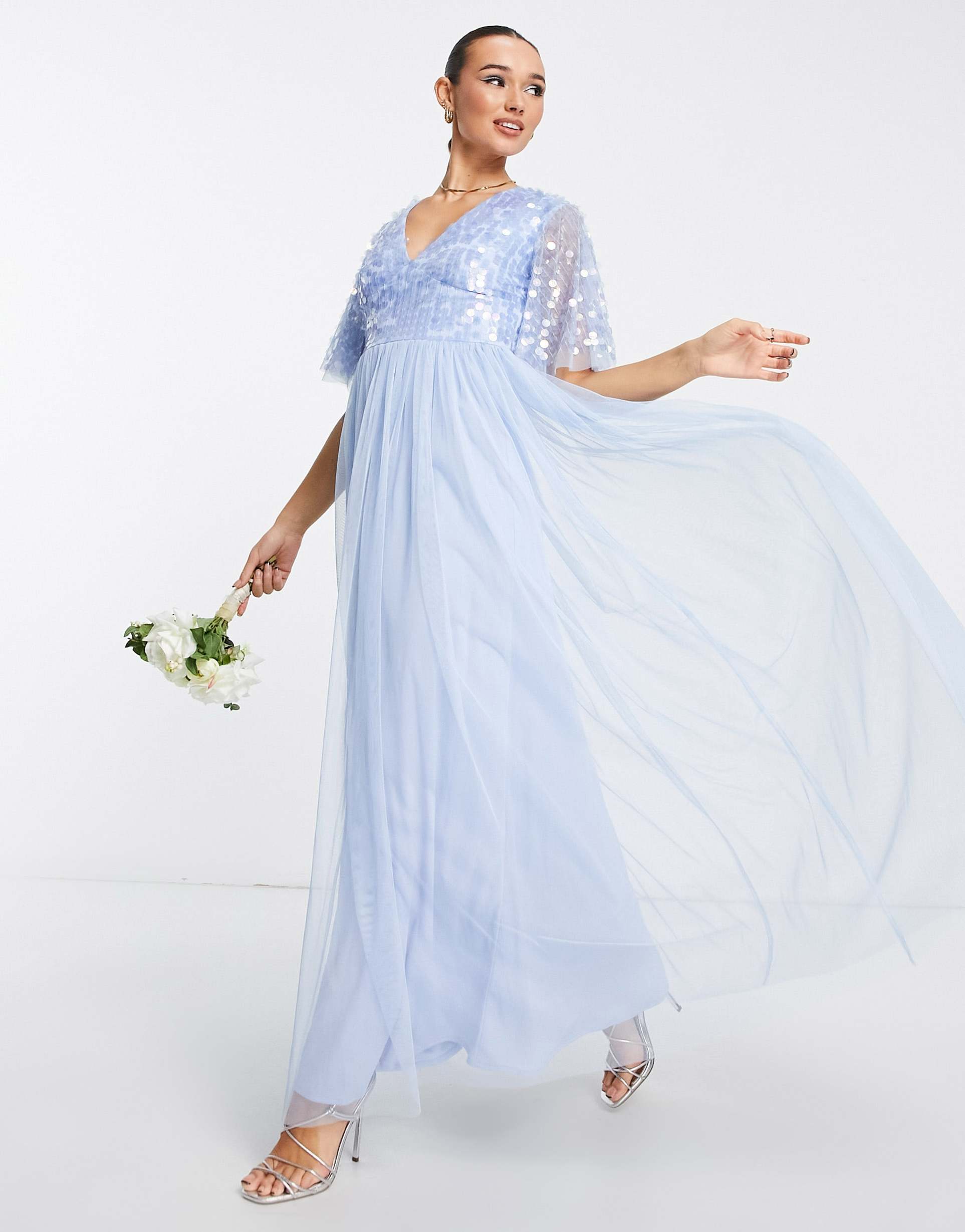 maya bridesmaid flutter sleeve sequin maxi dress in blue