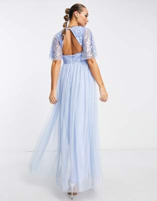 Maya Bridesmaid flutter sleeve sequin maxi dress in blue | ASOS