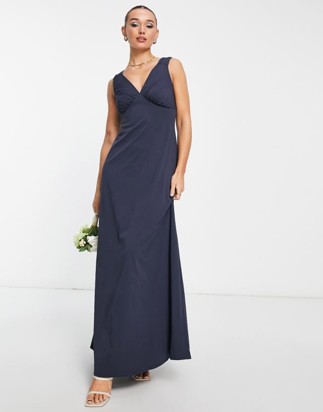 Maya Bridesmaid gathered strap maxi dress in navy blue