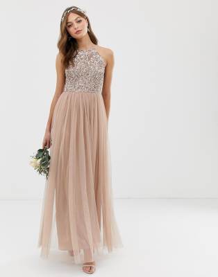 maya bridesmaid halter neck maxi tulle dress with tonal delicate sequins in taupe blush