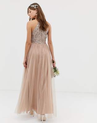 maya bridesmaid halter neck maxi tulle dress with tonal delicate sequins in taupe blush