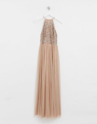 maya bridesmaid halter neck maxi tulle dress with tonal delicate sequins in taupe blush