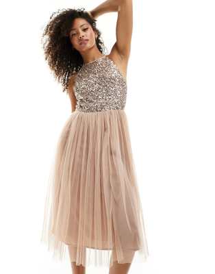 Bridesmaid halter neck midi tulle dress with tonal delicate sequins in muted blush-Neutral