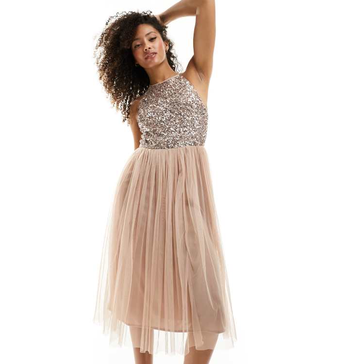 Maya bridesmaid halter neck midi tulle dress with tonal delicate sequins in hot sale taupe blush