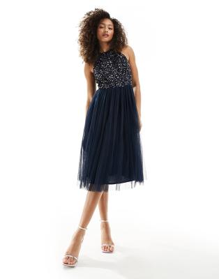 Maya Maya Bridesmaid halter neck midi tulle dress with tonal delicate sequins in navy