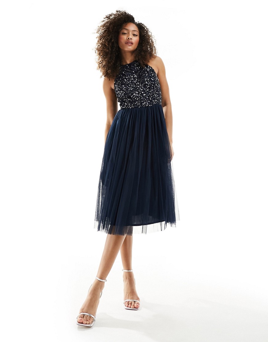 Bridesmaid halter neck midi tulle dress with tonal delicate sequins in navy