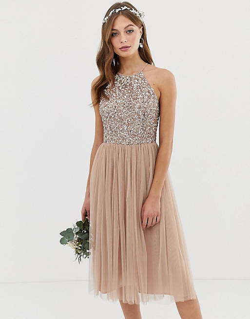 Maya Bridesmaid halter neck midi tulle dress with tonal delicate sequins in taupe blush