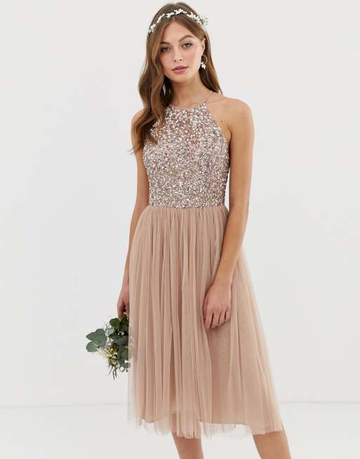 Maya Bridesmaid halter neck midi tulle dress with tonal delicate sequins in  taupe blush | ASOS