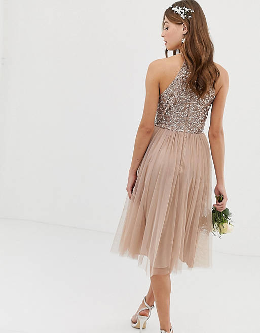 Maya Bridesmaid halter neck midi tulle dress with tonal delicate sequins in  taupe blush