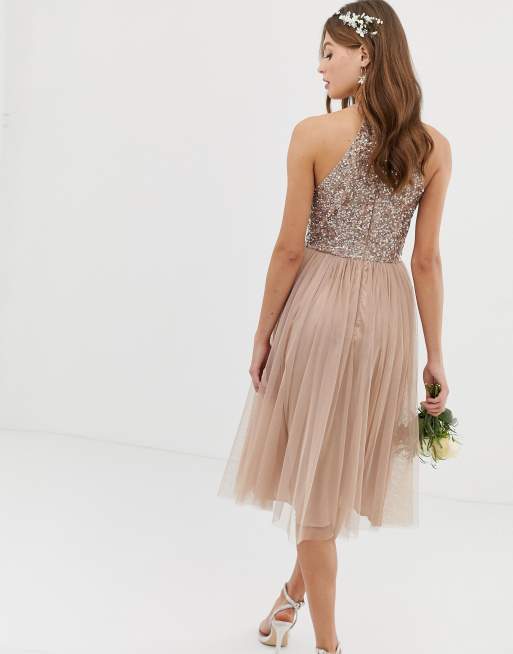 Maya Bridesmaid halter neck midi tulle dress with tonal delicate sequins in  taupe blush | ASOS