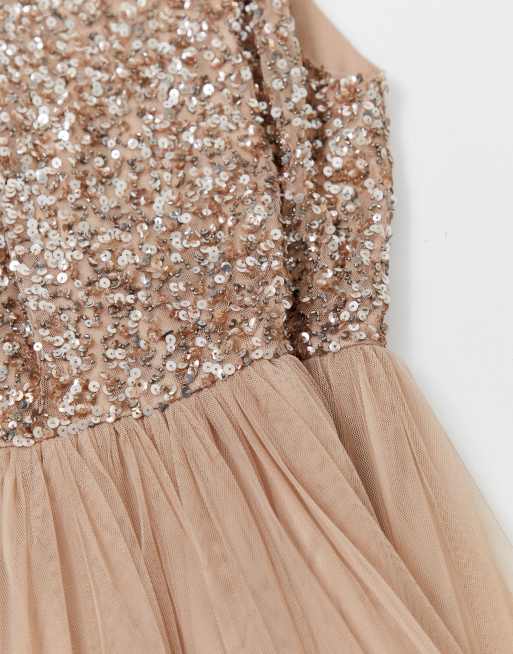 Maya bridesmaid halter neck maxi tulle dress 2024 with tonal delicate sequins in taupe blush