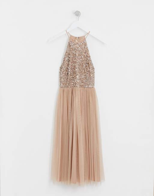 Maya bridesmaid halter neck midi tulle dress 2025 with tonal delicate sequins in taupe blush