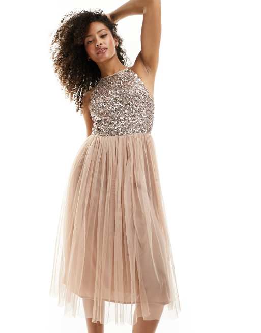 Maya Bridesmaid halterneck midi tulle dress with tonal delicate sequins in muted blush