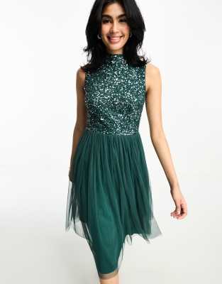 Maya Bridesmaid high neck midi tulle dress with tonal delicate sequin in emerald  - ASOS Price Checker