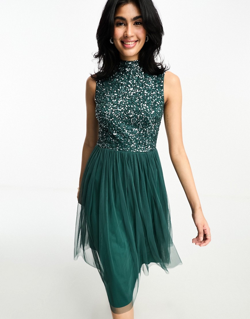 Bridesmaid high neck midi tulle dress with tonal delicate sequin in emerald-Green